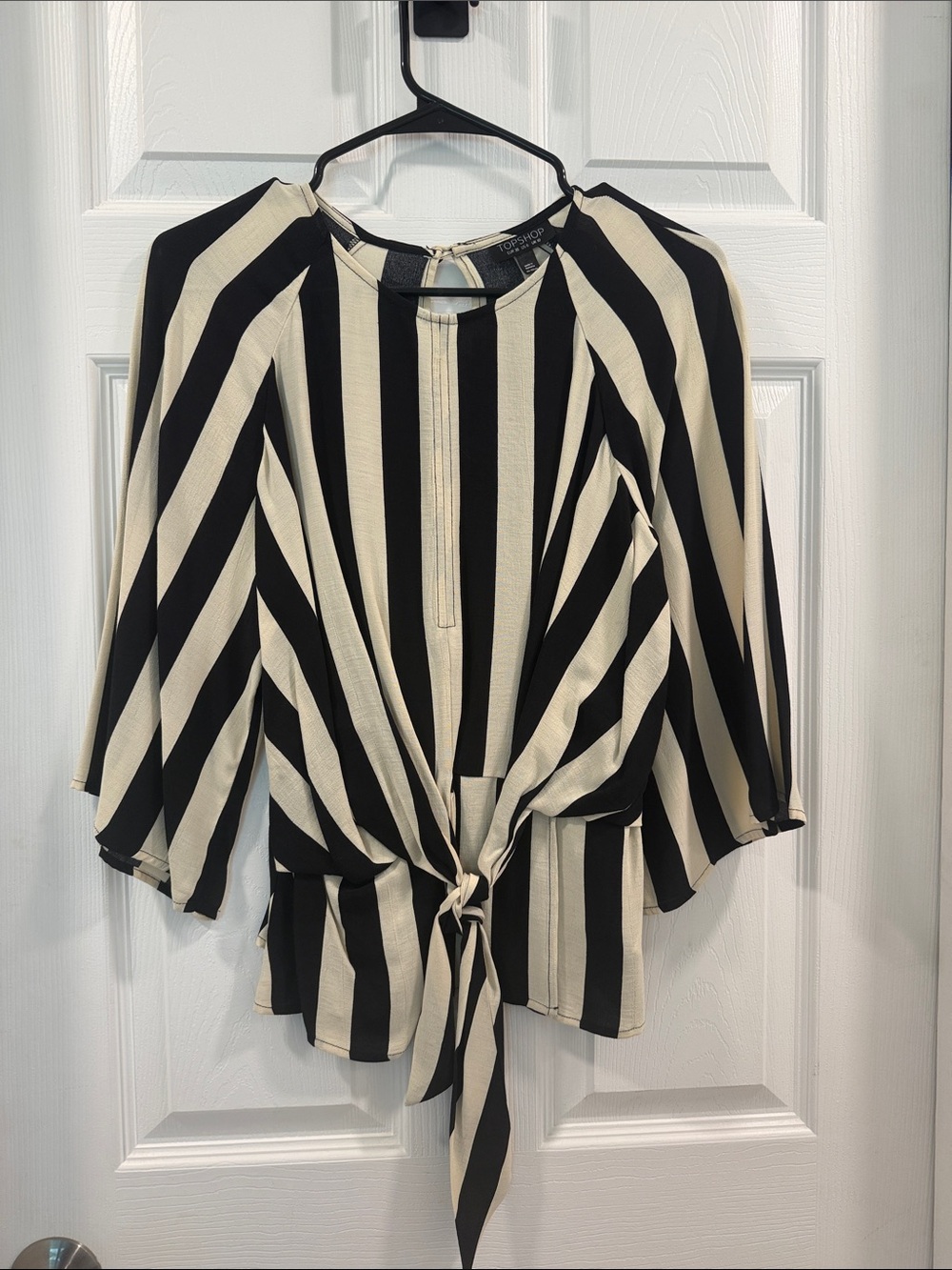Topshop Black and Cream Vertical Stripe Tie-Front Tunic